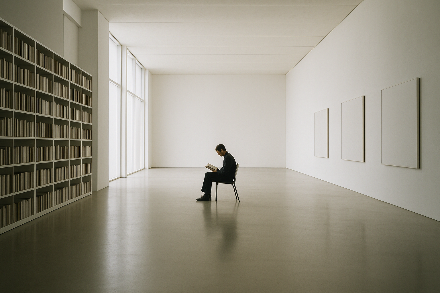 The Modern Library or Art Gallery: Our figure sits alone in a vast, minimalist library or a starkly beautiful art gallery, completely absorbed in a book or a piece of art. The luxury is in the silence and the pursuit of knowledge.